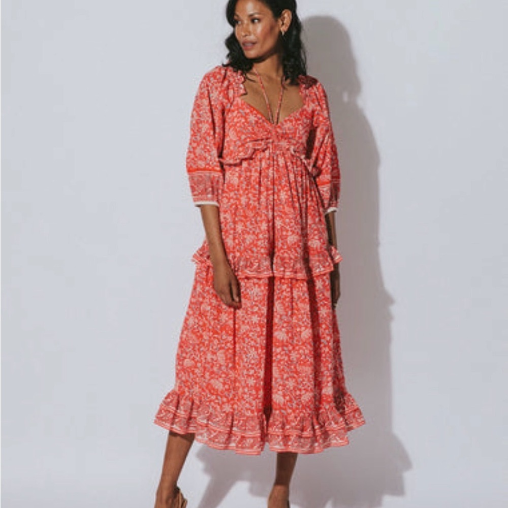 Cleobella Celia Midi Dress Small Red Floral Off Shoulder Smocked Organic Cotton‎